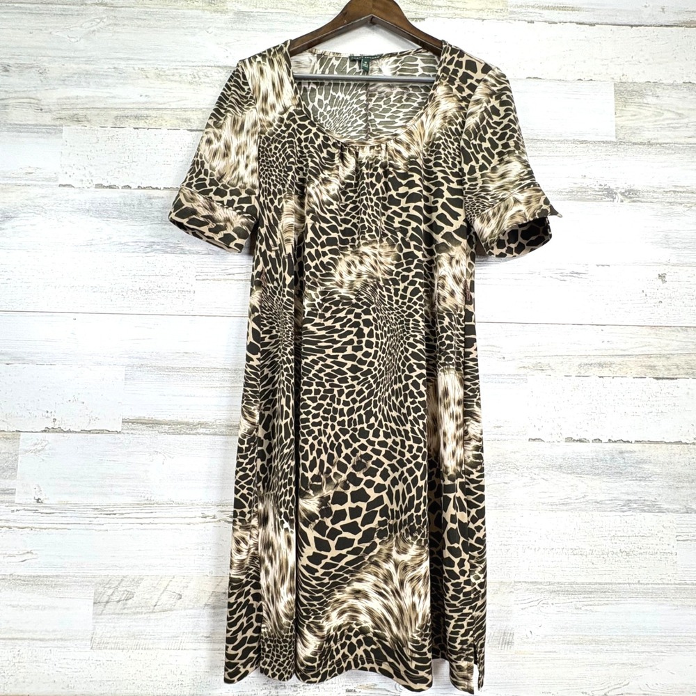 Harve Benard Brown Animal Print Midi Shift Dress Short‎ Sleeve Size 10 Career